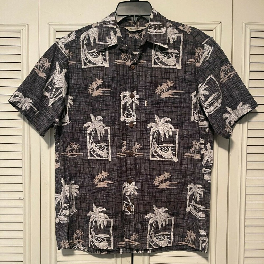 VTG PARADISE BAY Royal Black Floral Palm Hawaiian Shirt Size M MADE IN HAWAII